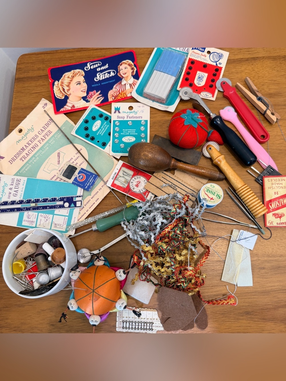 Vintage Lot Sewing Junk Drawer Chalk Tracing Paper Snap Fasteners Gauge NOS
